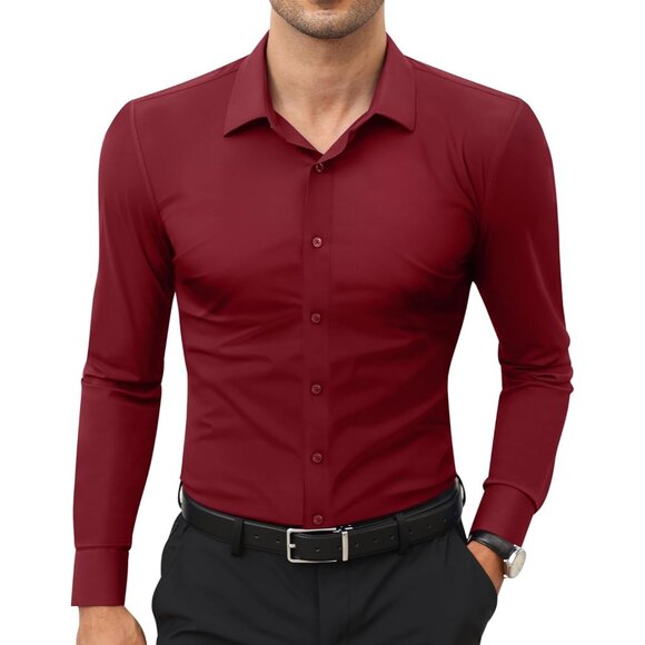 Men's Rose Long Sleeve Slim Muscle Fit Wrinkle Free Button Down Dress Shirts - Picture 1 of 9